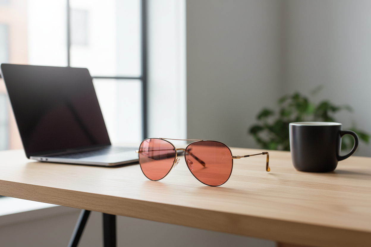 Black-gold-tortoise aviator FL-41 glasses on desk
