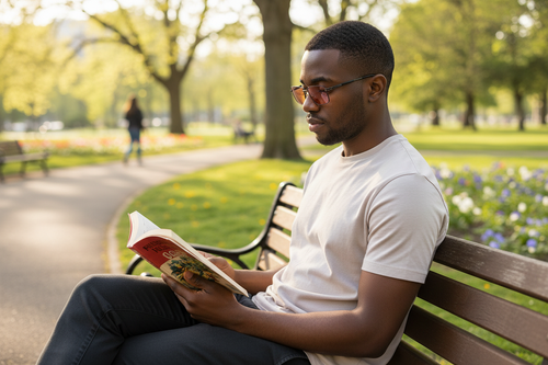 Black man wearing black rectangle FL-41 glasses outdoors
