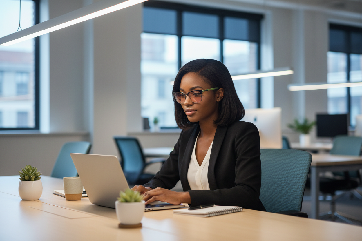 Black woman wearing tortoise-gray cat-eye FL-41 glasses at office