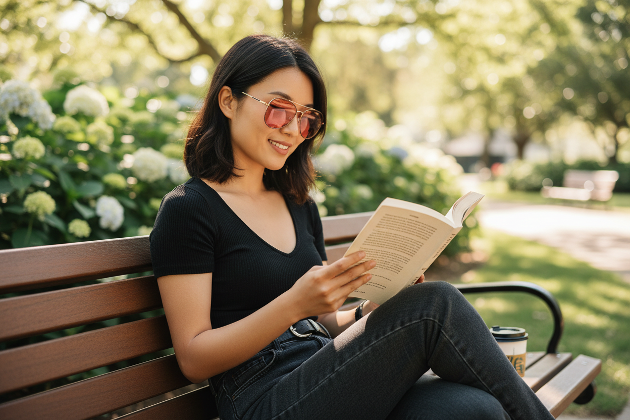 East Asian woman wearing black-gold-tortoise aviator FL-41 glasses outdoors