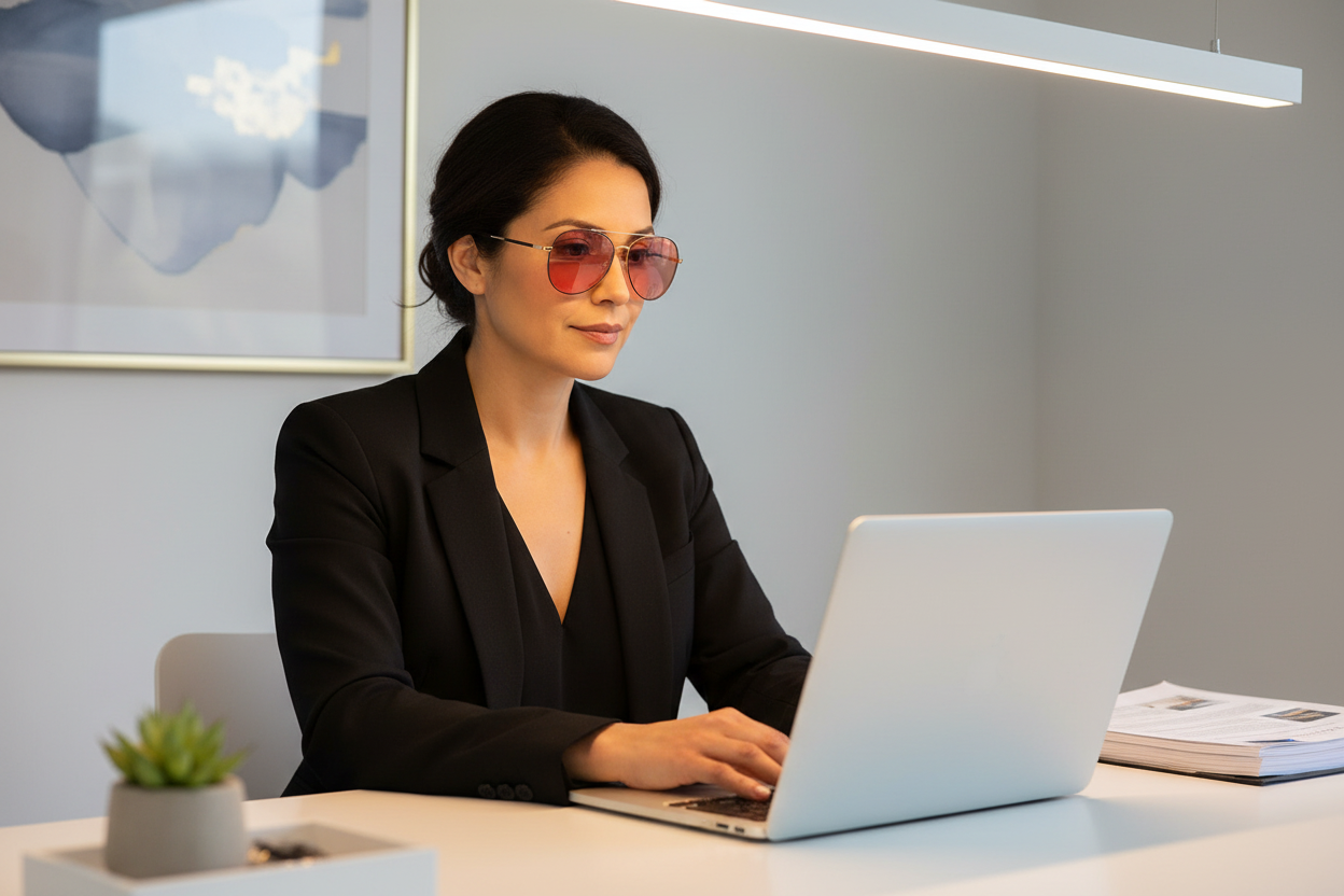 Hispanic woman wearing black-gold-tortoise aviator FL-41 glasses at office