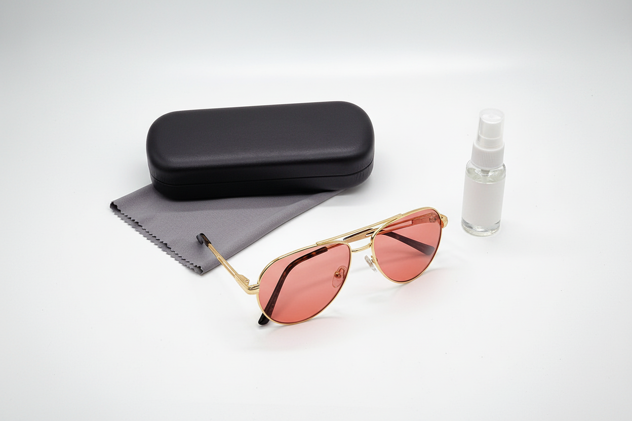 Men's FL-41 Aviator Glasses 1465 with black clamshell case, lens cleaning cloth, and lens cleaner bottle