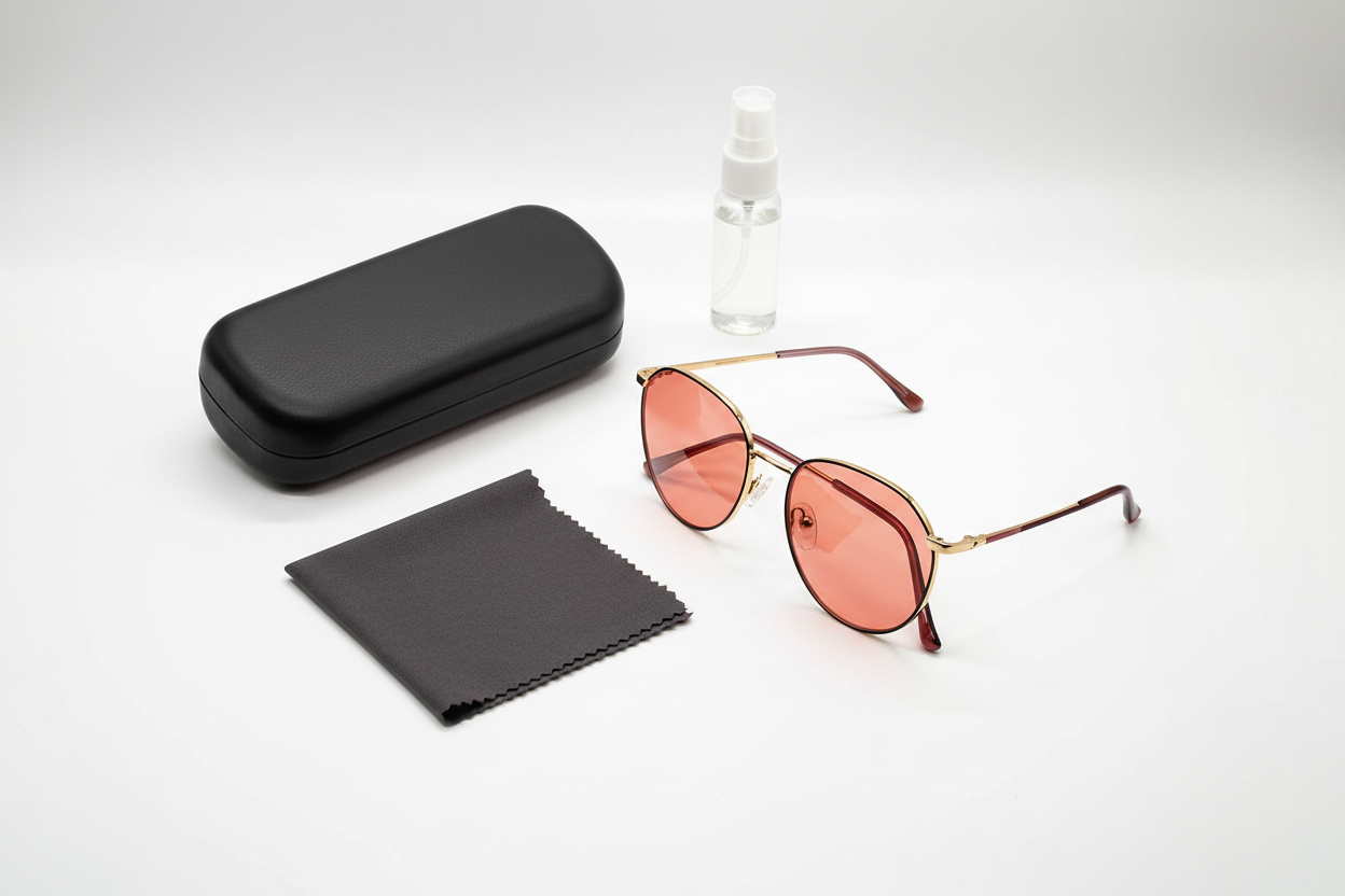 Ladies FL-41 Aviator Glasses LT2001 C4 Purple Gold with black clamshell case, lens cleaning cloth, and lens cleaner bottle