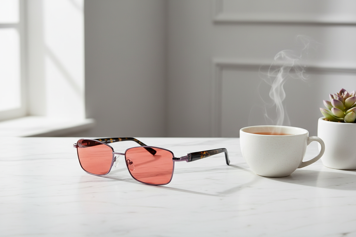 3006 C5 tortoise/purple FL-41 glasses on marble countertop with plant and tea