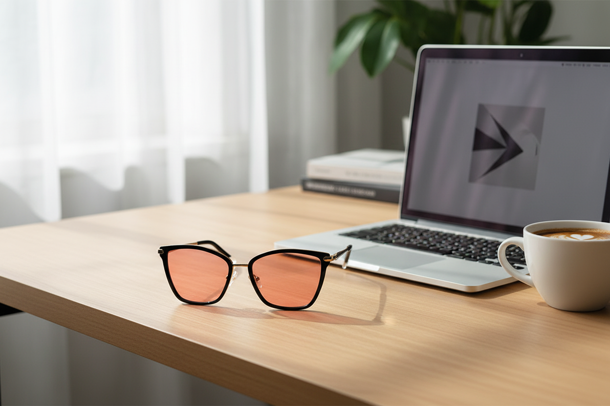 Black & gold cat-eye FL-41 glasses on desk