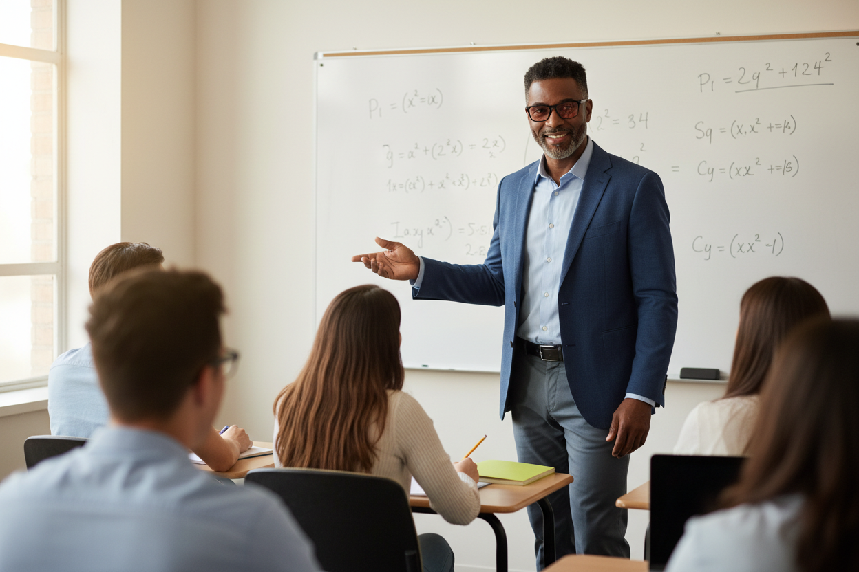 Black man wearing black cat-eye FL-41 glasses teaching in classroom
