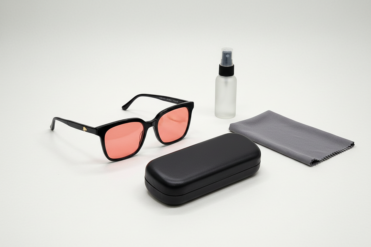 Ladies FL-41 Glasses YHC8006 C1 Black with black clamshell case, lens cleaning cloth, and lens cleaner bottle