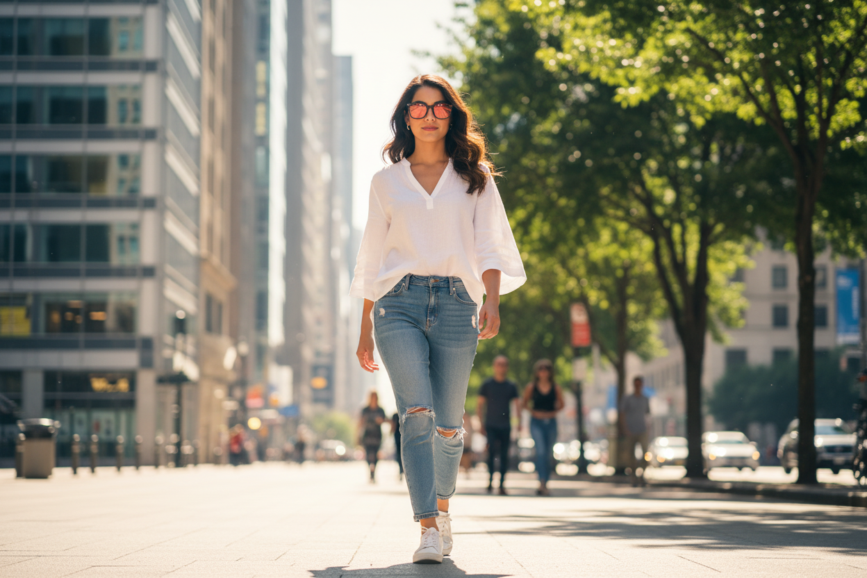 Hispanic woman wearing black full-frame FL-41 glasses on city street