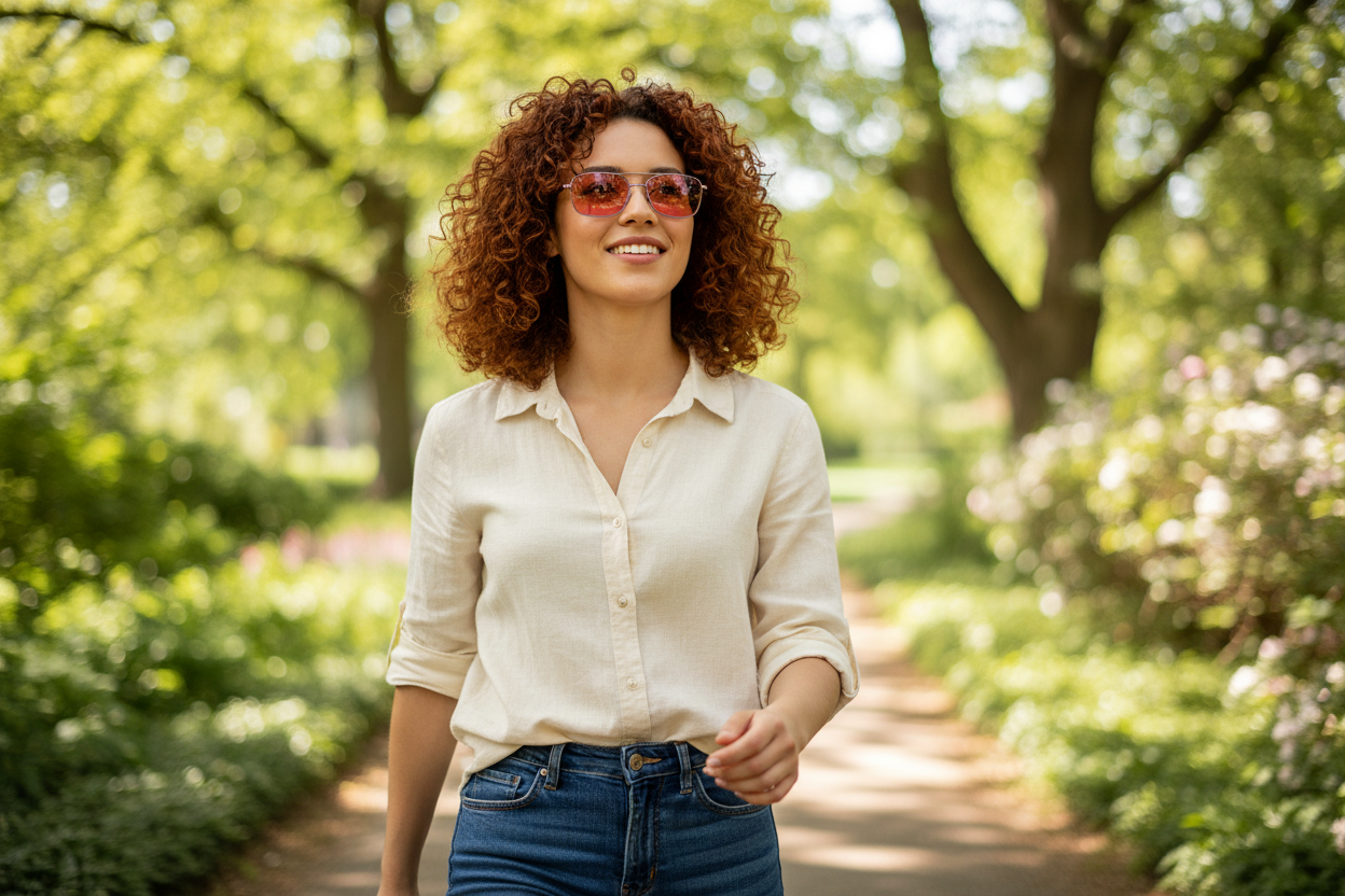 Woman wearing 3006 C5 tortoise/purple FL-41 glasses walking in a park
