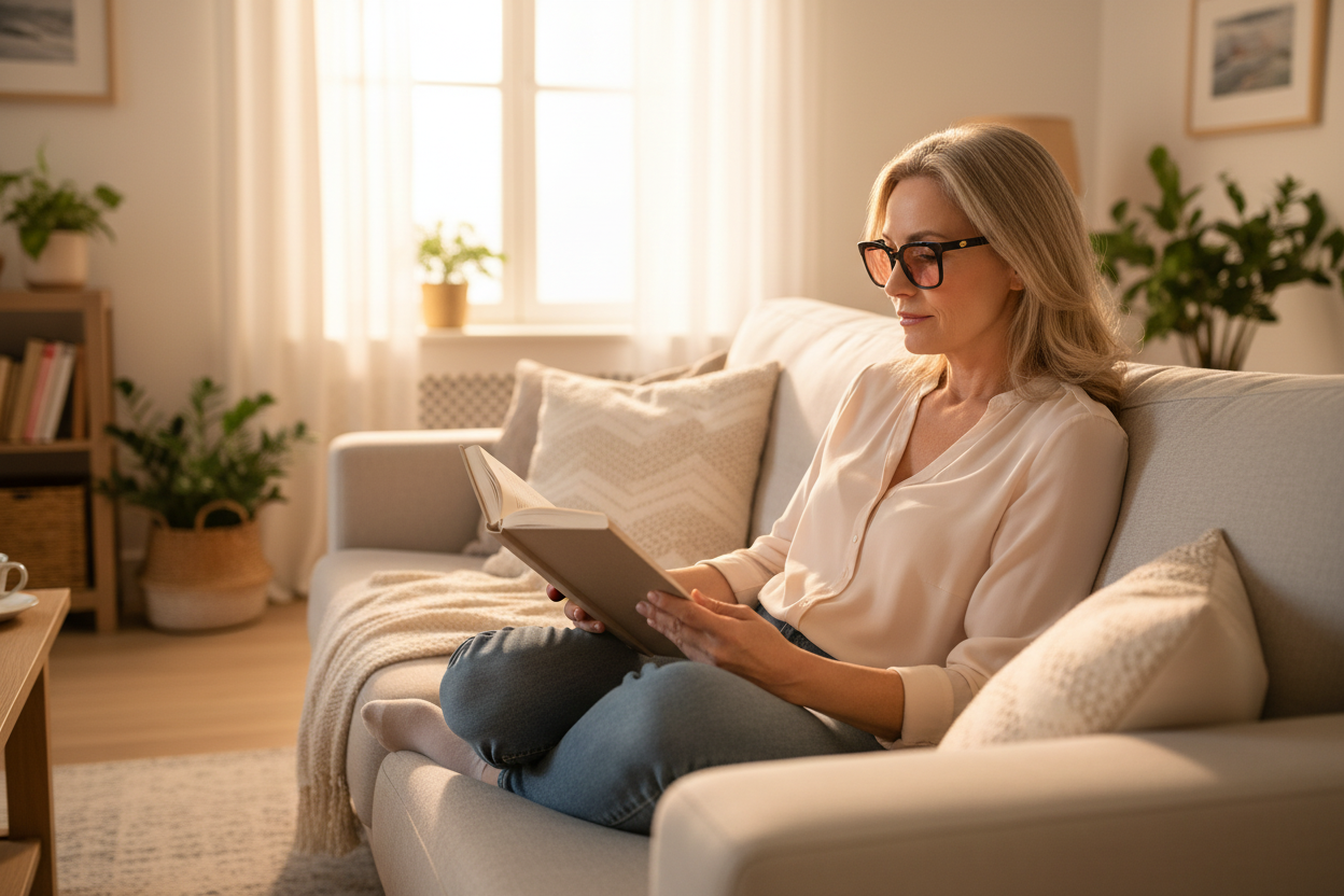 White woman wearing black full-frame FL-41 glasses in living room