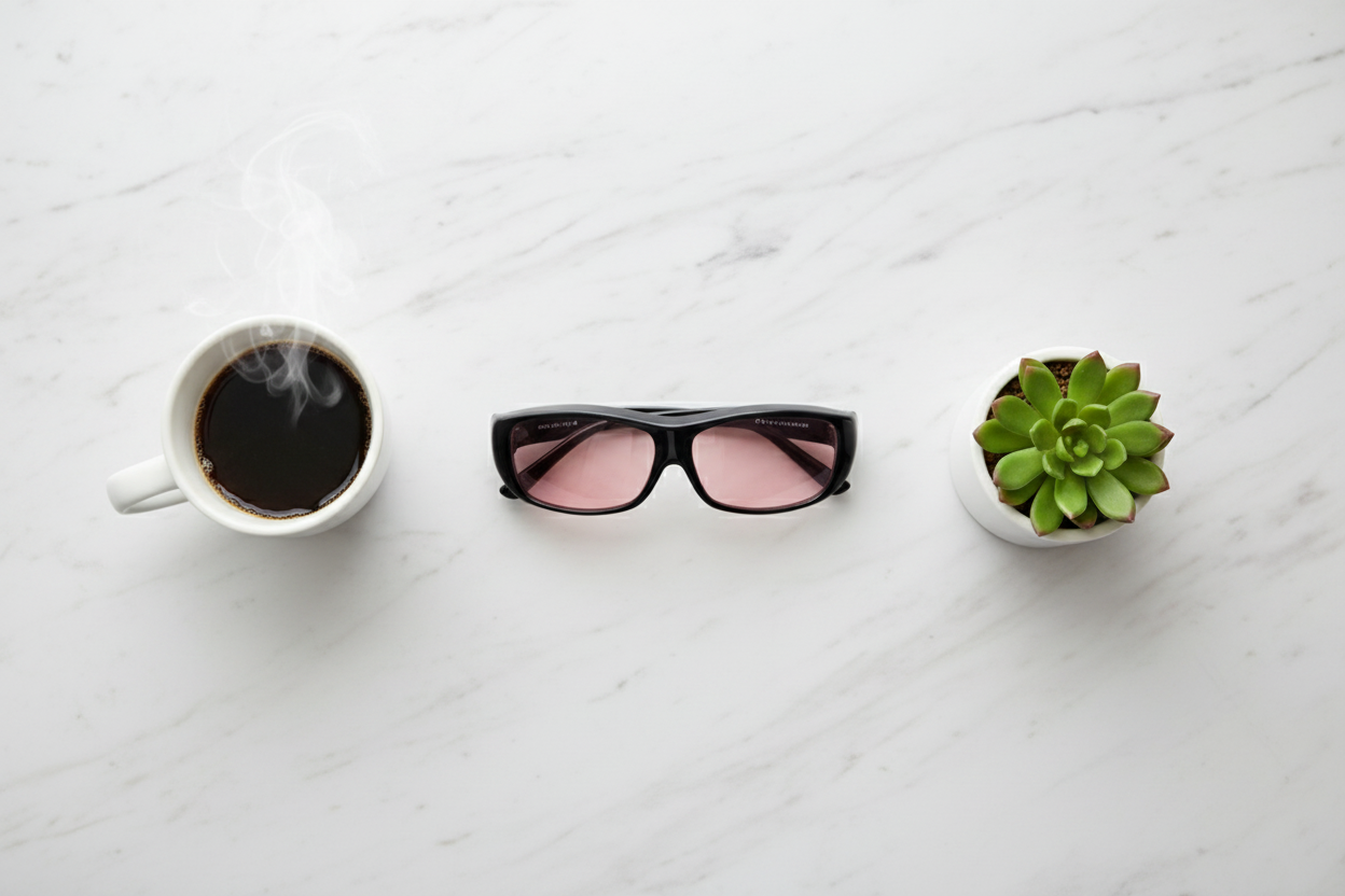 Quamby 001 FL-41 overfit glasses flat lay on marble surface