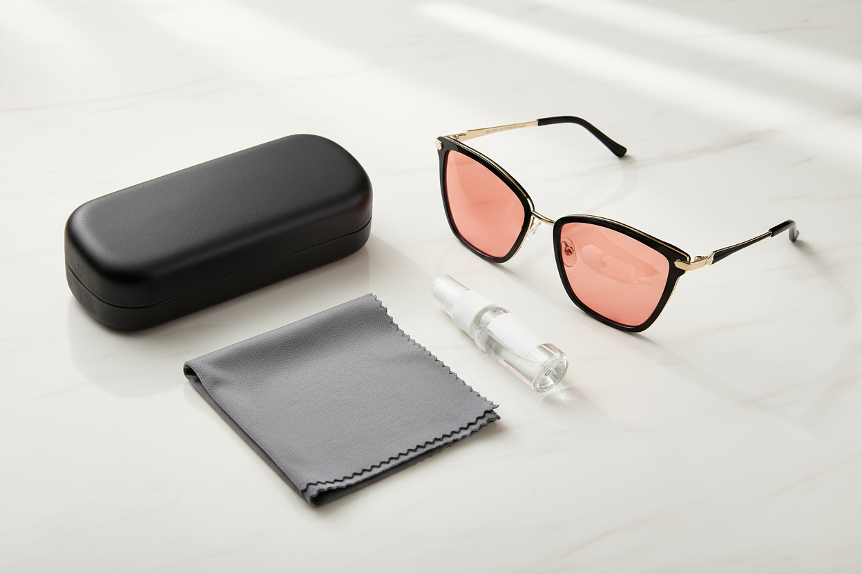 Ladies FL-41 Glasses EM2105 C1 Black and Gold with black clamshell case, lens cleaning cloth, and lens cleaner bottle