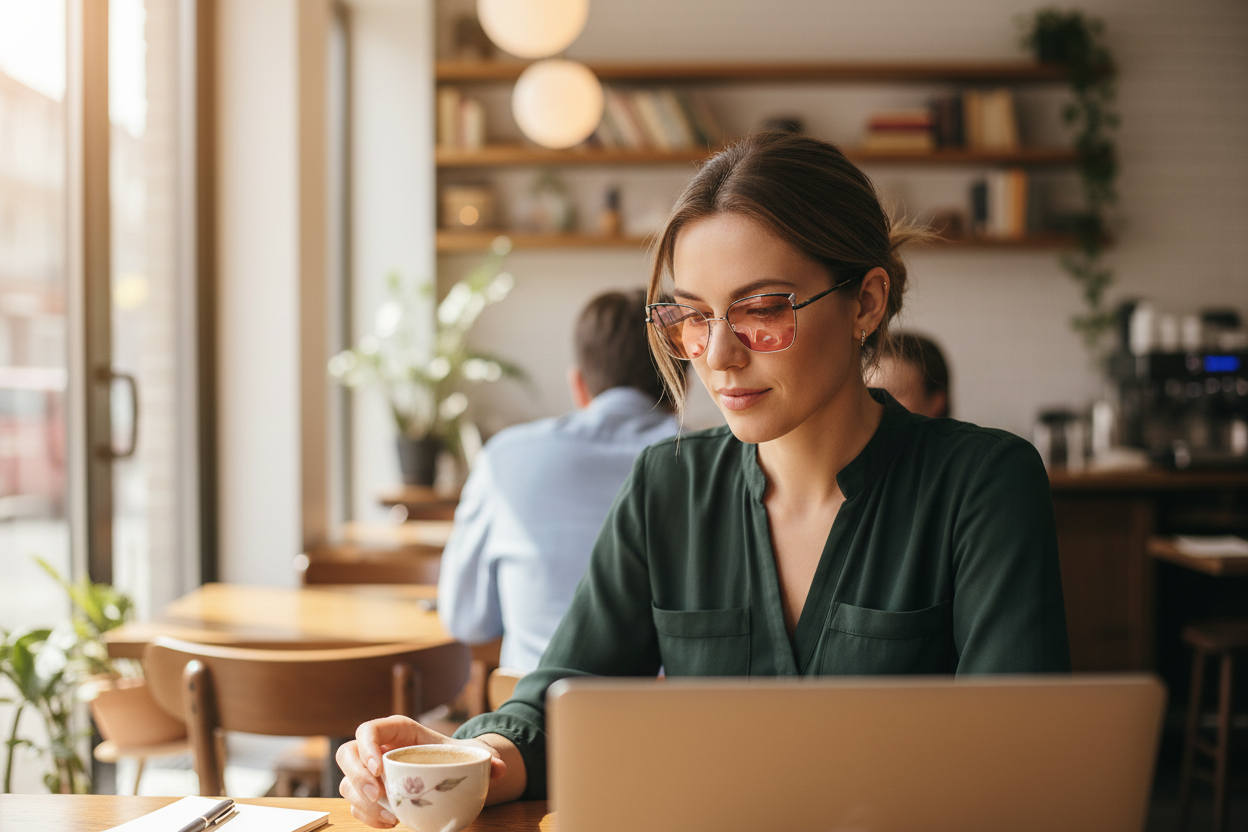 Woman wearing F8028 C10 tortoise/green FL-41 glasses at a café