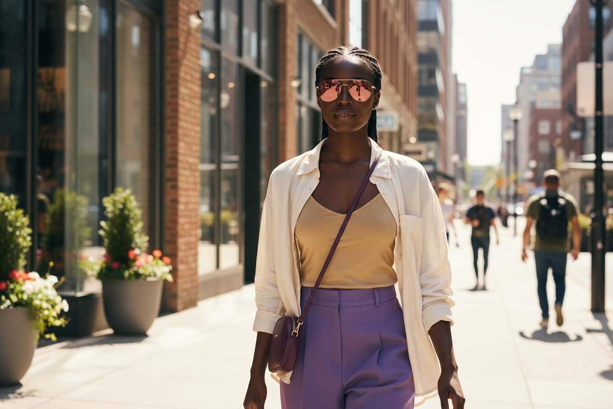 Black woman wearing purple/gold aviator FL-41 glasses on city street