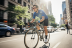 Person wearing Quamby 004 FL-41 overfit glasses while cycling on a sunny street
