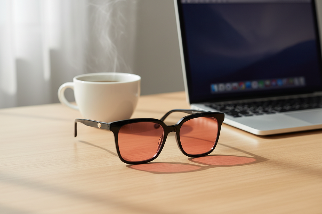 Black full-frame FL-41 glasses on desk