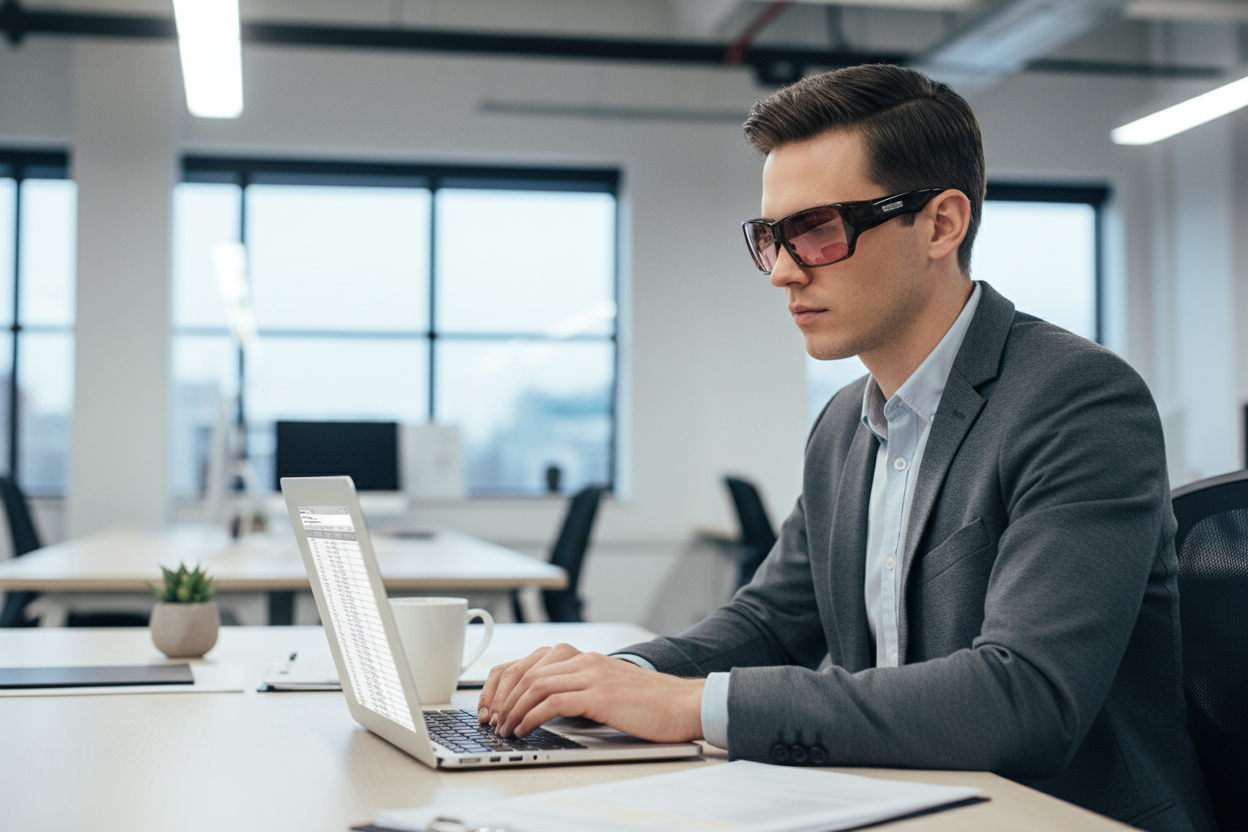 Person working at office desk wearing Oogee overfit FL-41 glasses in tortoise brown frame