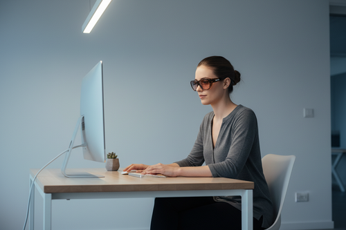 Person wearing Allure 002A FL-41 overfit glasses at office desk