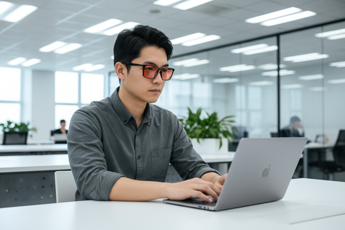 East Asian man wearing black cat-eye FL-41 glasses at office desk