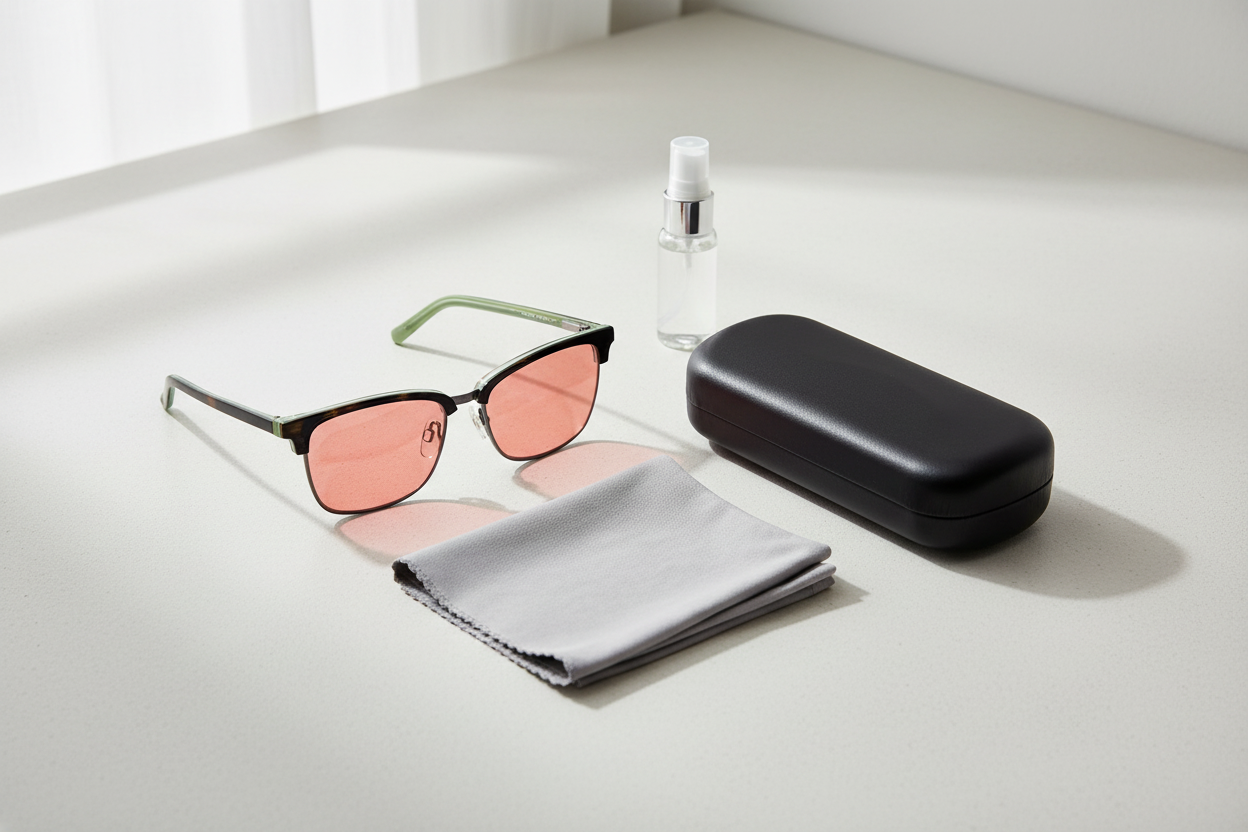 Ladies FL-41 Cat-Eye Glasses F8765 C1 Tortoise Gray with black clamshell case, lens cleaning cloth, and lens cleaner bottle