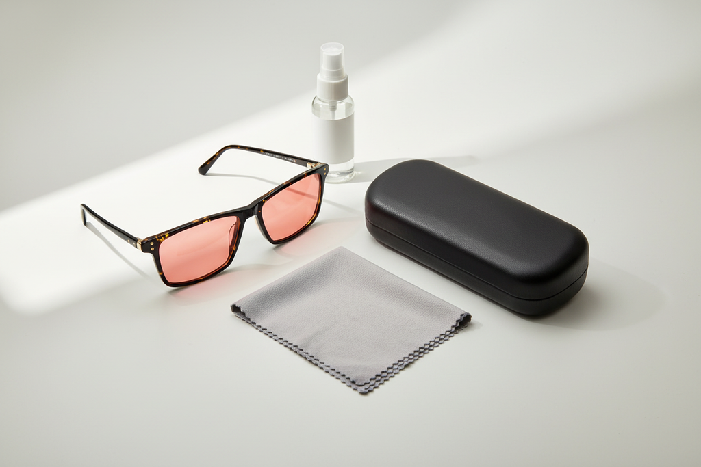 Ladies FL-41 Glasses 3022 C6 Tortoise with black clamshell case, lens cleaning cloth, and lens cleaner bottle