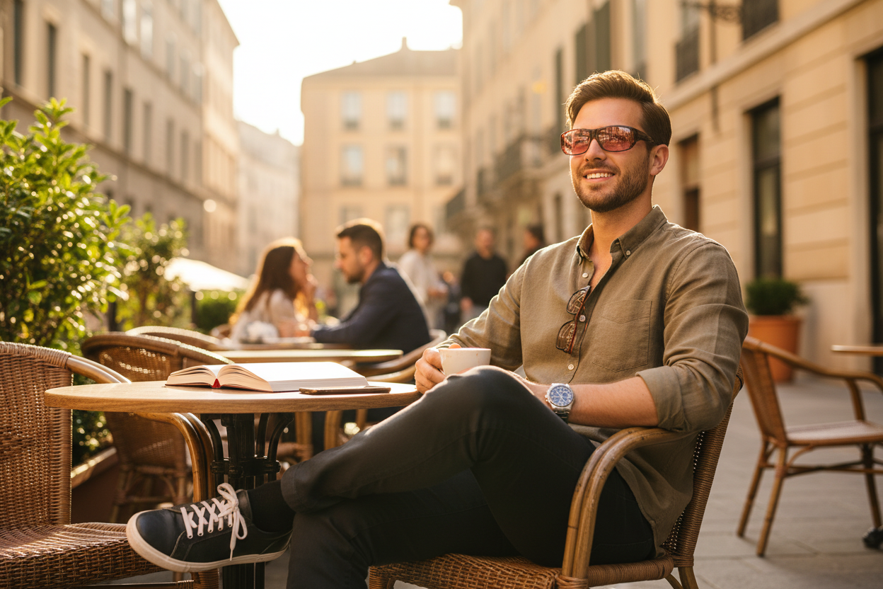 Person wearing Quamby 004 FL-41 overfit glasses at an outdoor café patio