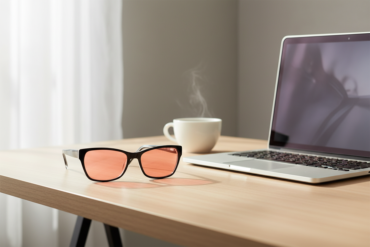 Black full-frame FL-41 glasses on desk