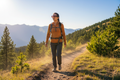 Person wearing Quamby 004 FL-41 overfit glasses while hiking on a scenic trail