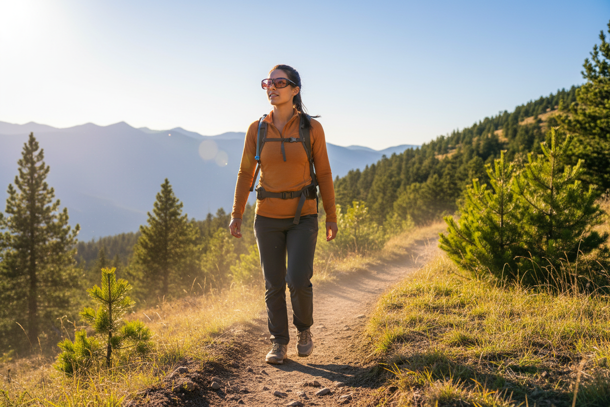 Person wearing Quamby 004 FL-41 overfit glasses while hiking on a scenic trail