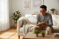 East Asian man wearing gold/tortoise aviator FL-41 glasses in living room