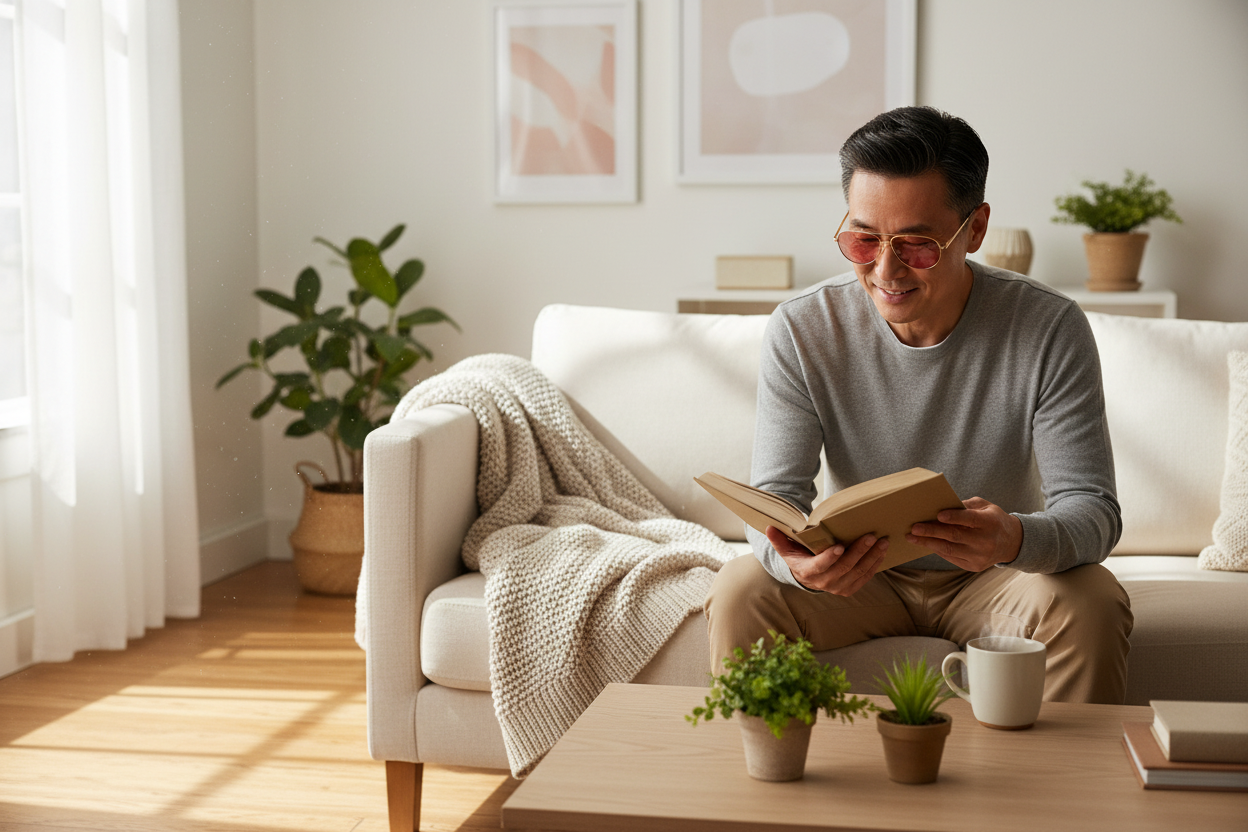 East Asian man wearing gold/tortoise aviator FL-41 glasses in living room