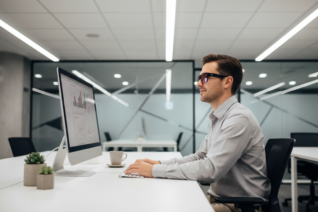 Person wearing FL-41 overfit glasses working at a bright office desk