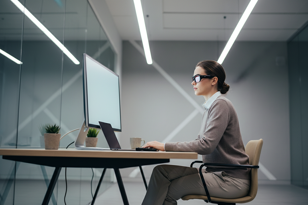 Person wearing Quamby 001 FL-41 overfit glasses at office desk