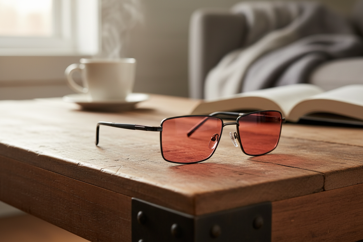 Black rectangle FL-41 glasses on a coffee table
