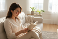 East Asian woman wearing black & gold cat-eye FL-41 glasses in living room