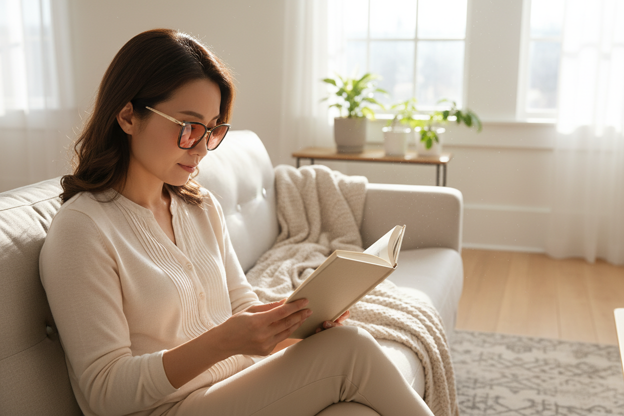 East Asian woman wearing black & gold cat-eye FL-41 glasses in living room