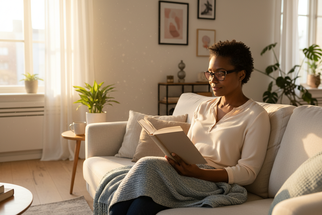 Black woman wearing black full-frame FL-41 glasses in living room