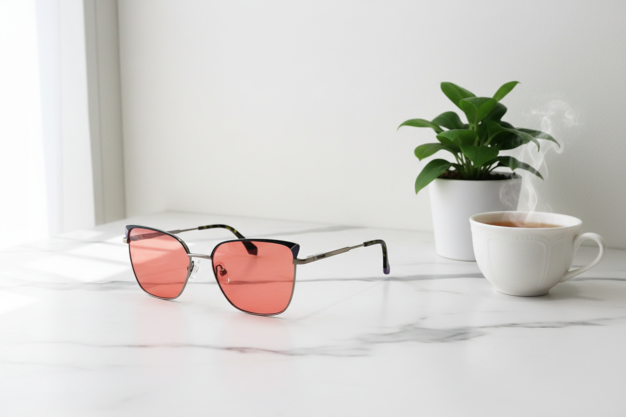 F8028 C10 tortoise/green FL-41 glasses on marble countertop with plant and tea