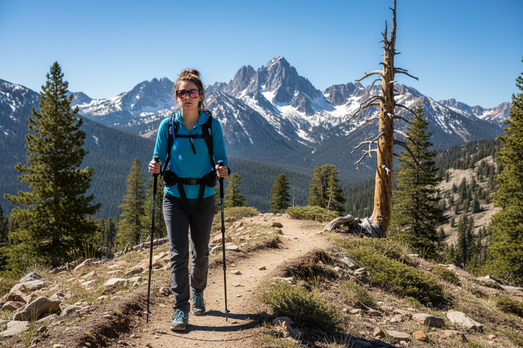 Person wearing FL-41 overfit glasses hiking on a sunny mountain trail