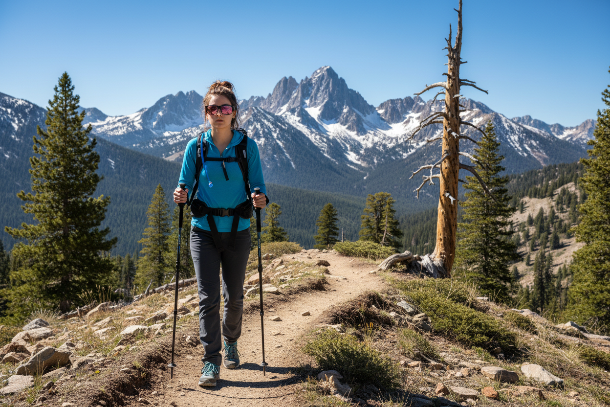 Person wearing FL-41 overfit glasses hiking on a sunny mountain trail