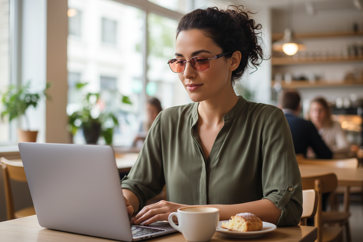 Woman wearing 3006 C5 tortoise/purple FL-41 glasses at a café
