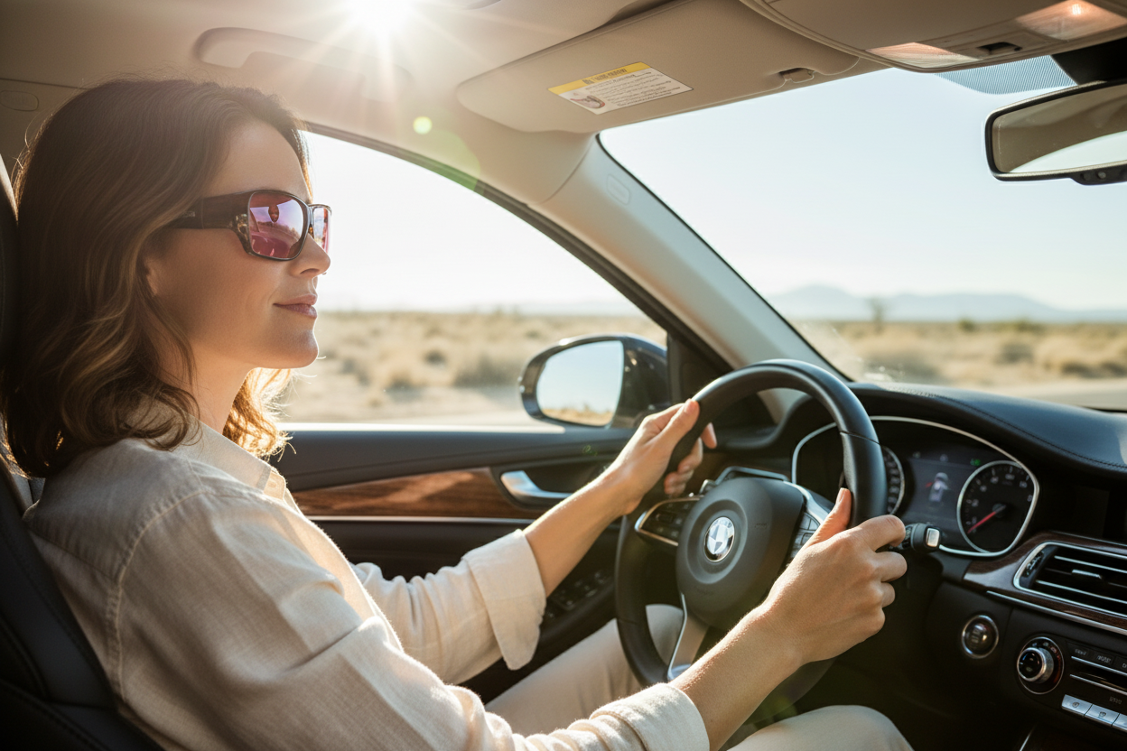Person driving wearing Oogee overfit FL-41 glasses in tortoise brown frame