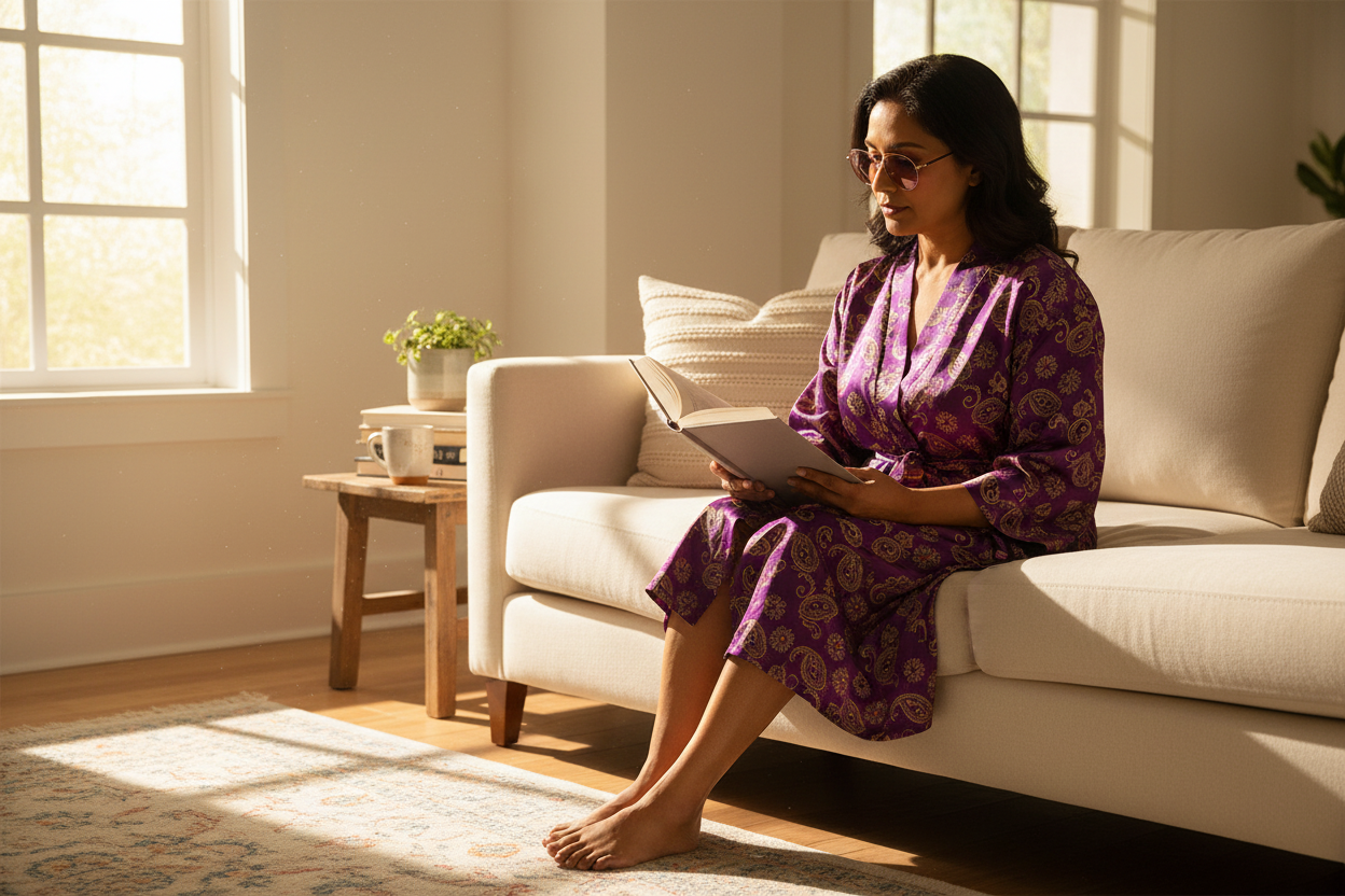 South Asian woman wearing purple/gold aviator FL-41 glasses in living room