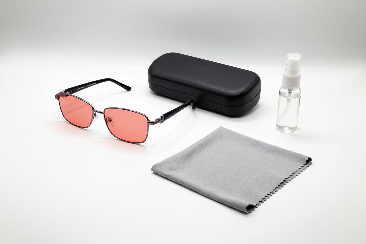 Ladies FL-41 Glasses 3006 C5 Tortoise/Purple with black clamshell case, lens cleaning cloth, and lens cleaner bottle