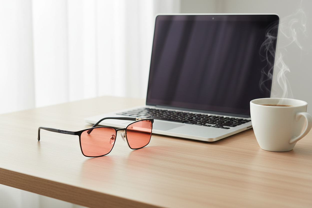 Black rectangle FL-41 glasses on desk