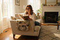 White woman wearing tortoise cat-eye FL-41 glasses in living room