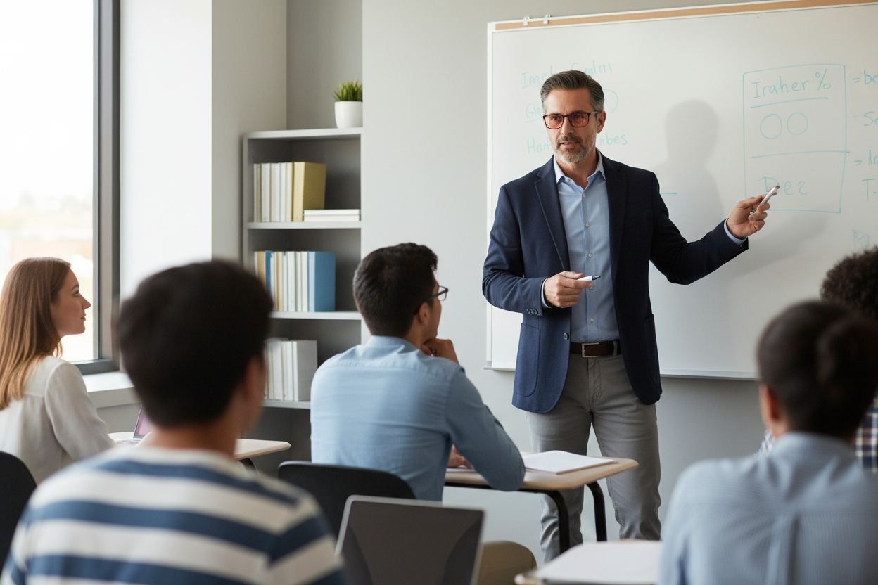 Hispanic man wearing black rectangle FL-41 glasses teaching in classroom