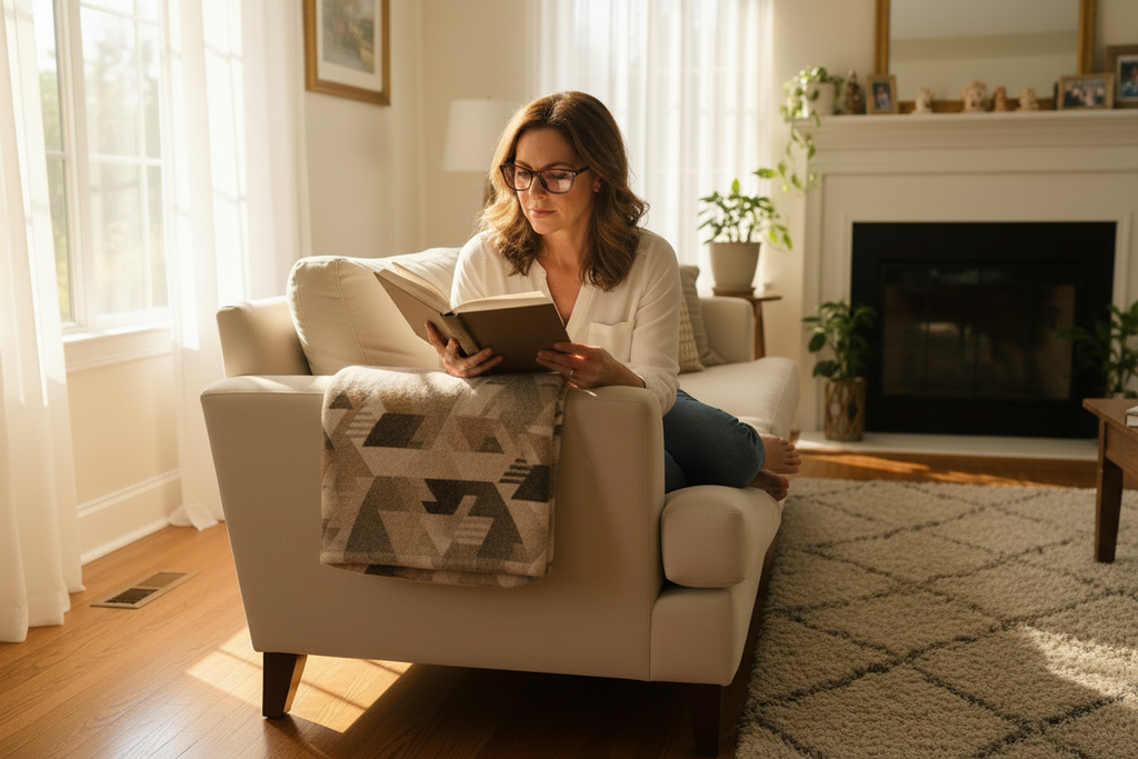 Woman wearing FL-41 glasses reading in living room