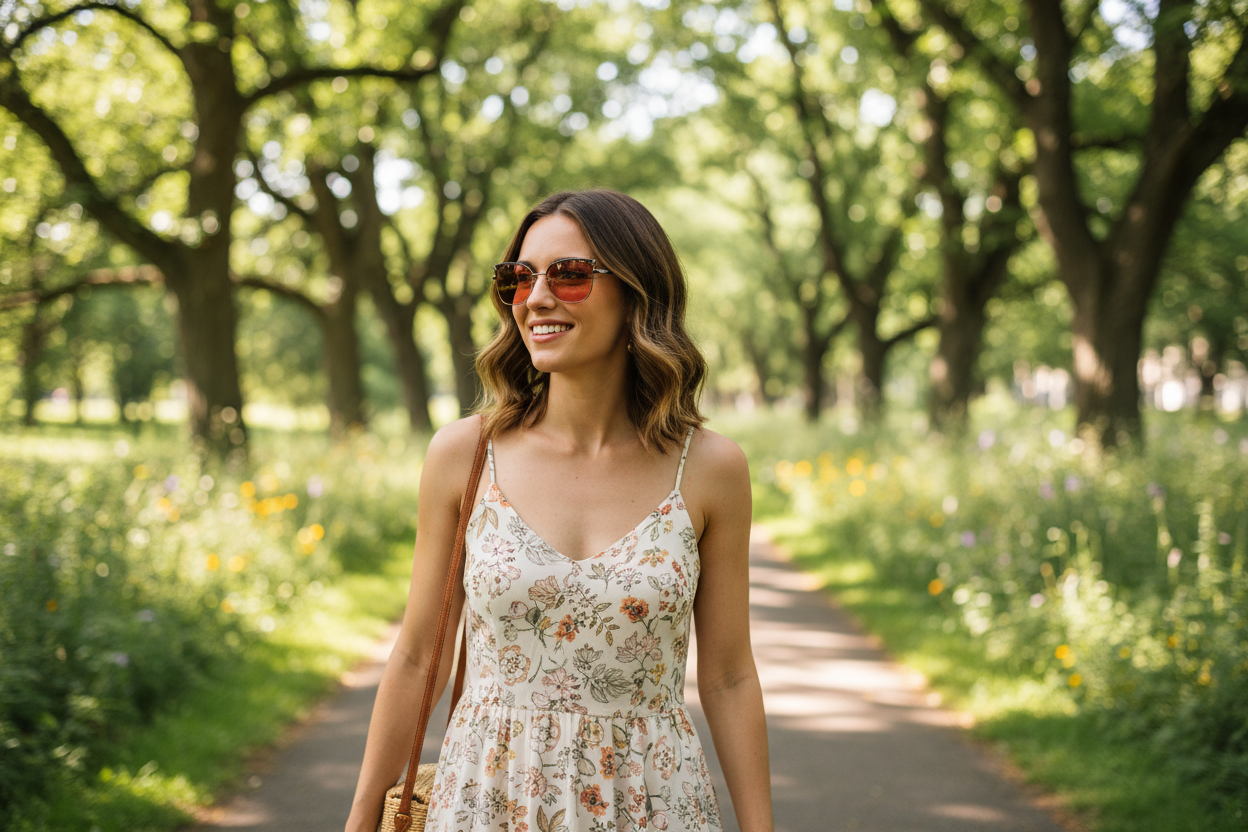 Woman wearing F8028 C10 tortoise/green FL-41 glasses walking in a park