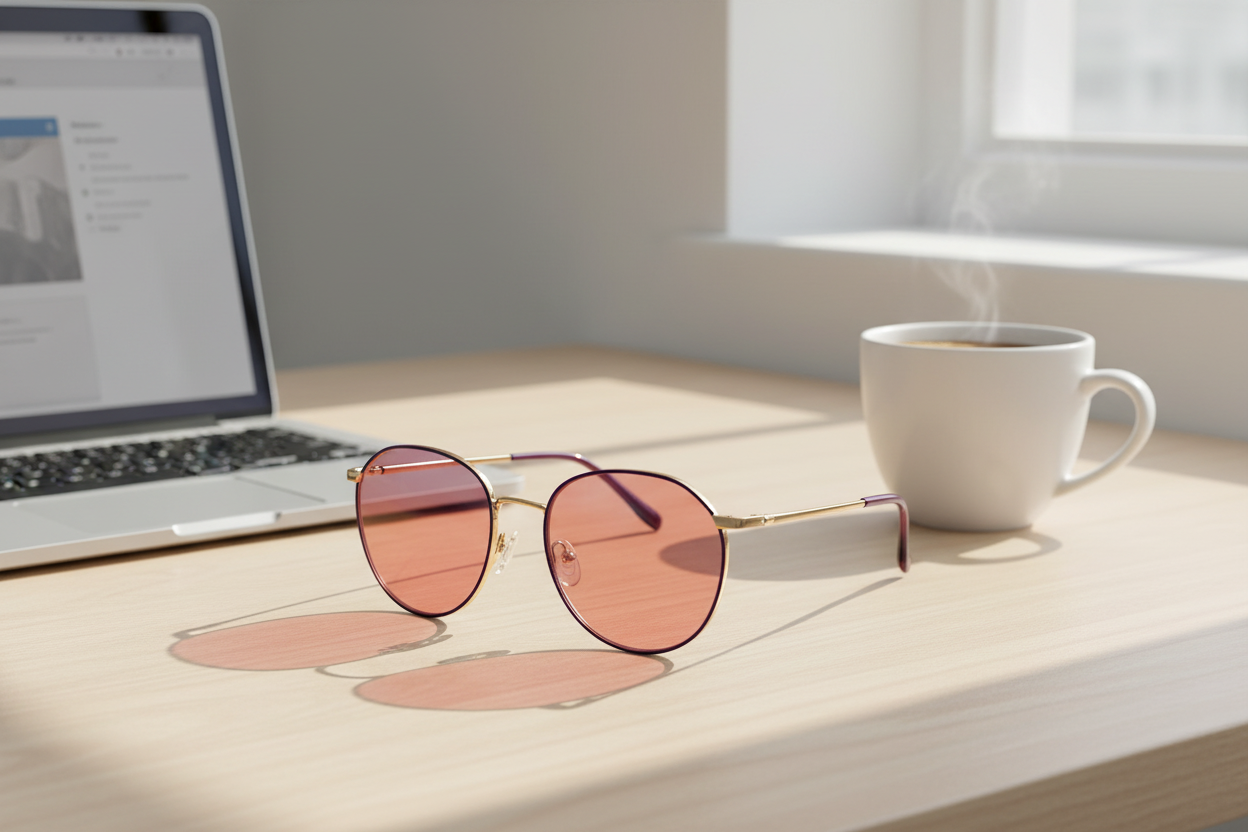 Purple/gold aviator FL-41 glasses on desk